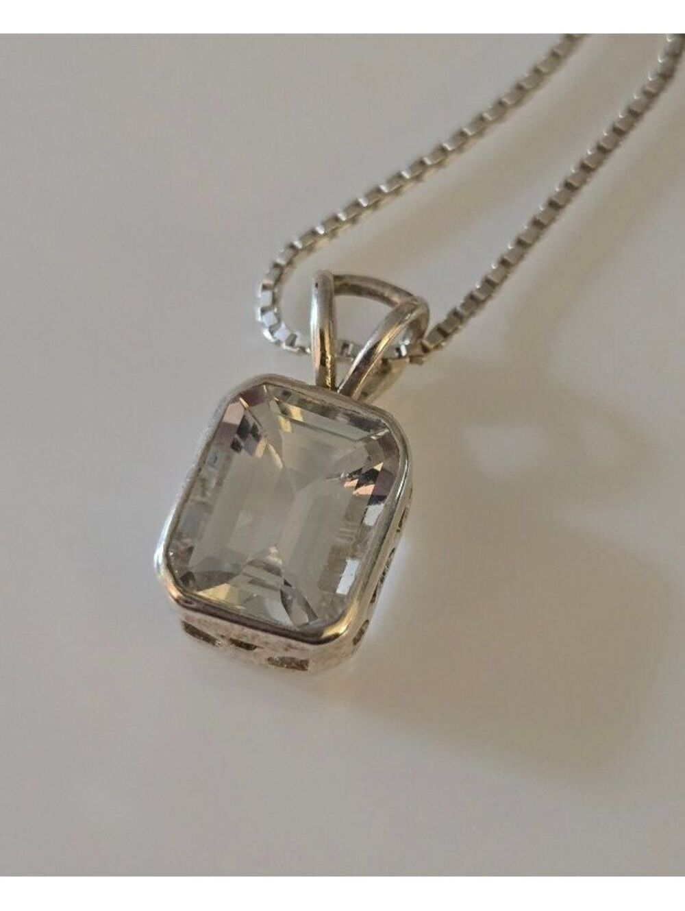 Sterling Silver 925 Clear Faceted Gemstone Rectangular Pendant Box Chain Necklac